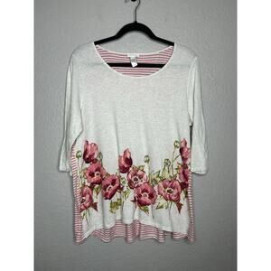 J Jill Poppy Floral Print Border Striped Tunic Cotten Linen 3/4 Sleeve Top M